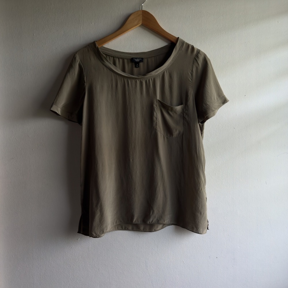 Talbots 100% Silk Pocket Blouse Women Medium Petite Olive Green Minimalist Top